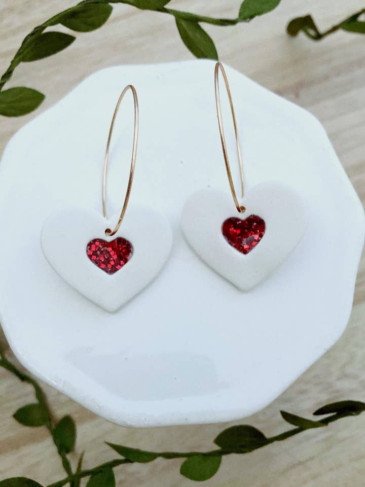 Glittery Red Center Heart Hoops for wholesale by KLA Designs