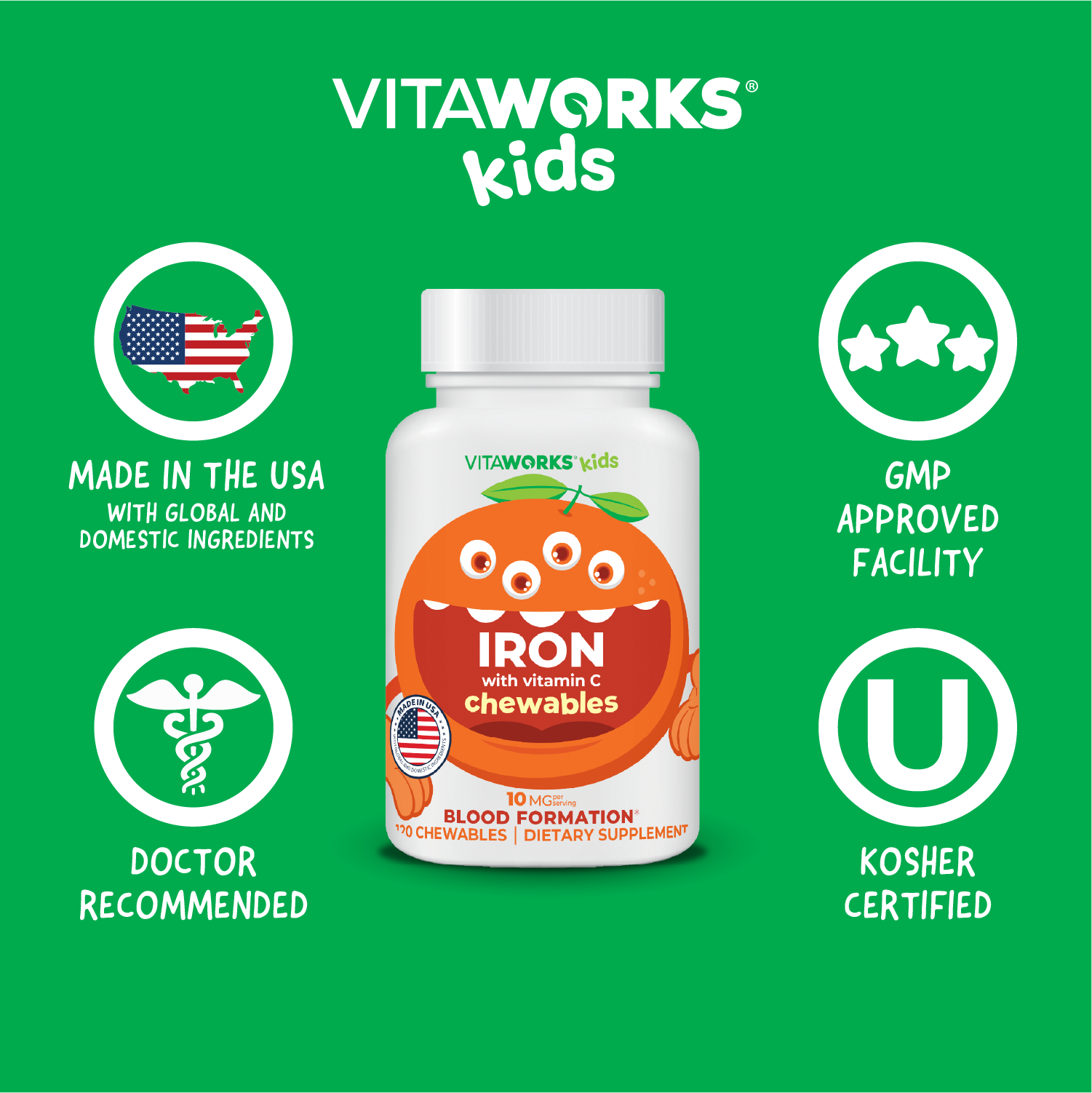 Natural Orange Flavor VitaWorks Kids Iron Chewables, Blood Formation for wholesale on Faire6