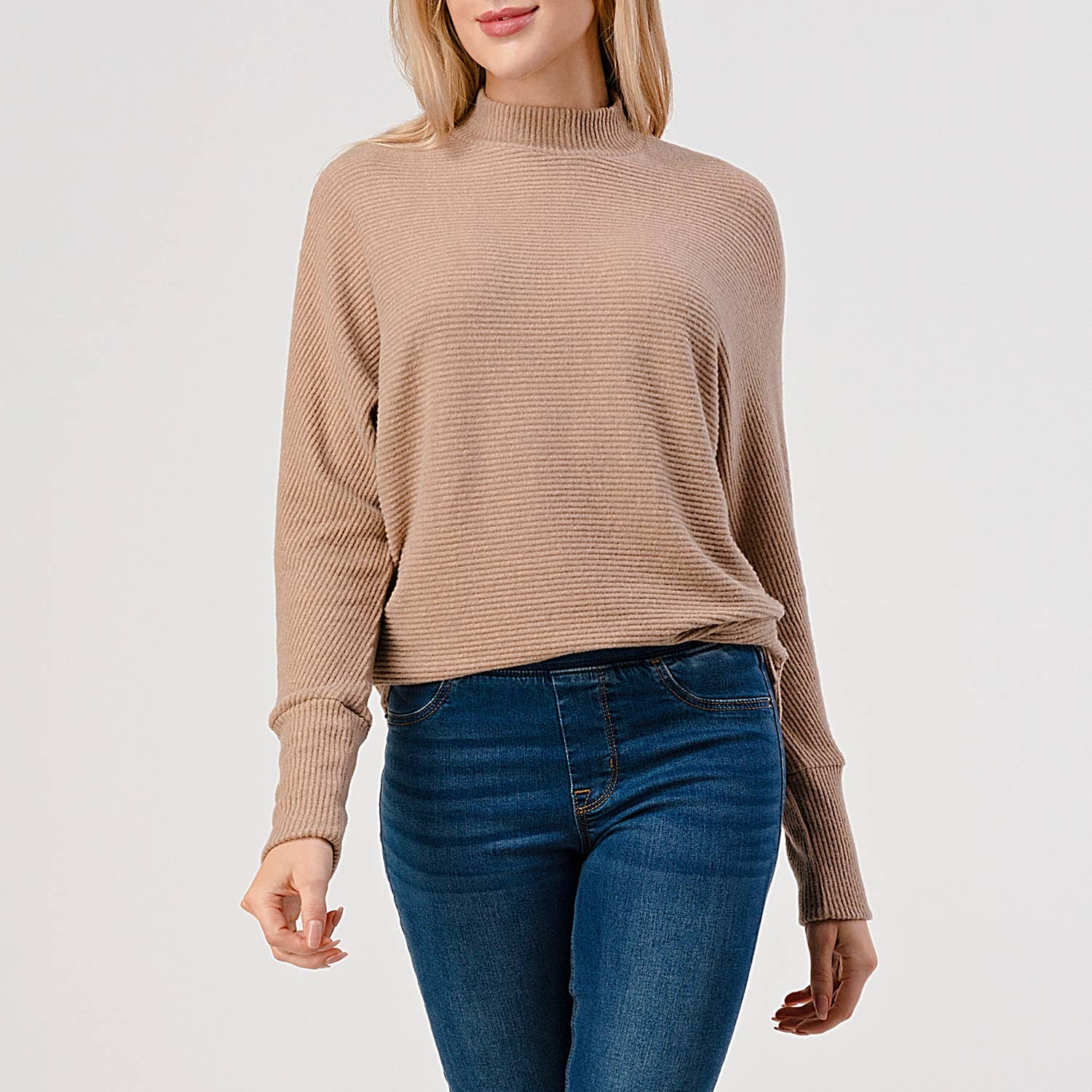 Heimious - Wholesale Knit Top - Women's - Mock Neck Long Dolman Sleeve Ribbed Knit Top, T26166