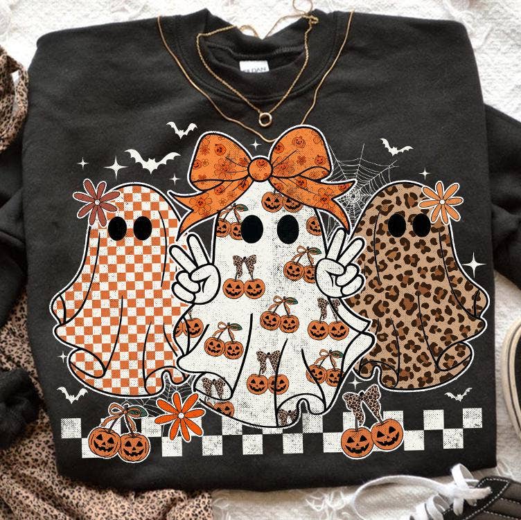 NVC Ecommerce LLC - Wholesale T-Shirt (Graphic) - Women's - Retro Leopard Pumpkin Ghost T-Shirt, Retro Ghost Sweatshirt0
