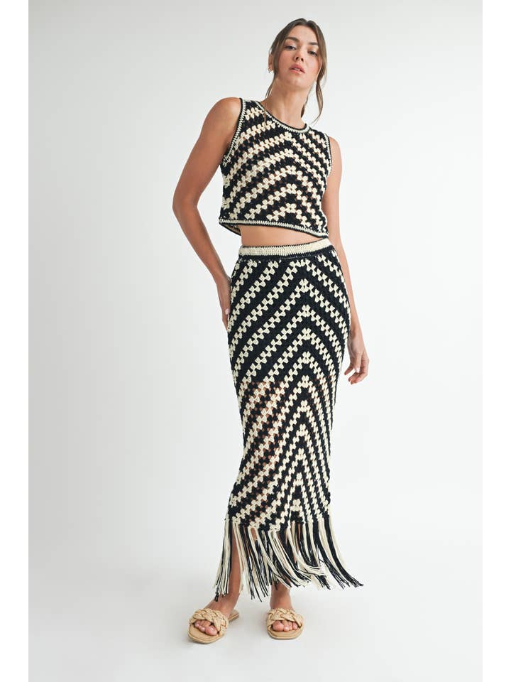 CREAM BLACK Crochet Fringed Maxi Skirt. for wholesale on Faire