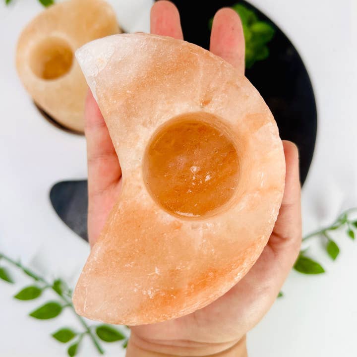 Crystal Himalayan Salt Orange Moon Candle Holder for wholesale by Rock Paradise