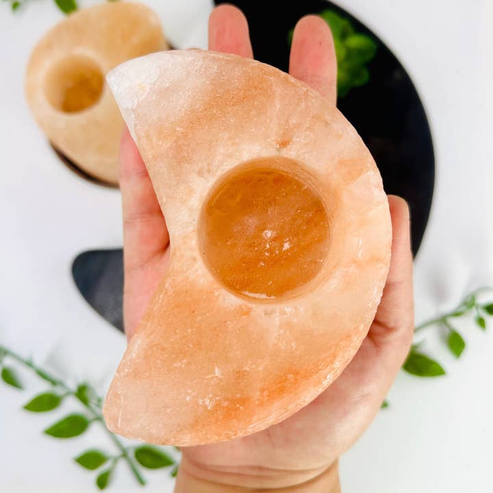 Crystal Himalayan Salt Orange Moon Candle Holder for wholesale by Rock Paradise