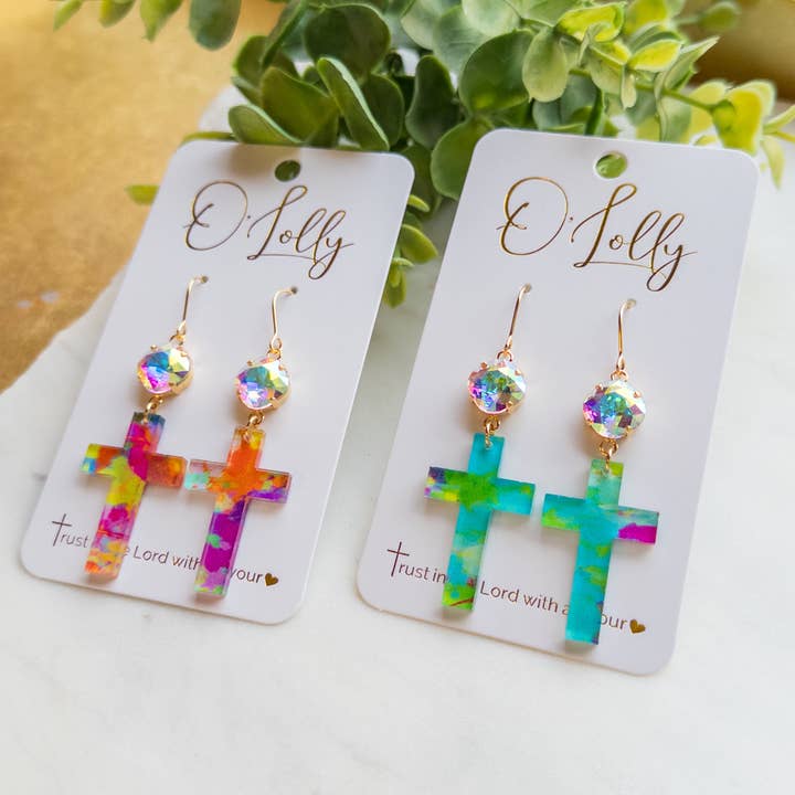 Multicolored Acrylic Cross w/AB Stone “Judith” for wholesale by O’Lolly Jewelry