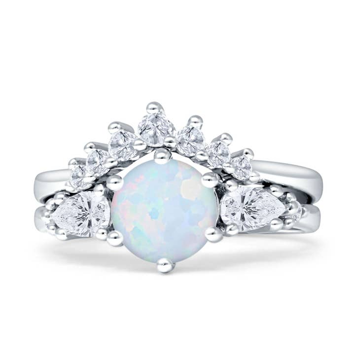Two Piece Round Vintage Style Bridal Ring Created White Opal for wholesale by Blue Apple Imports