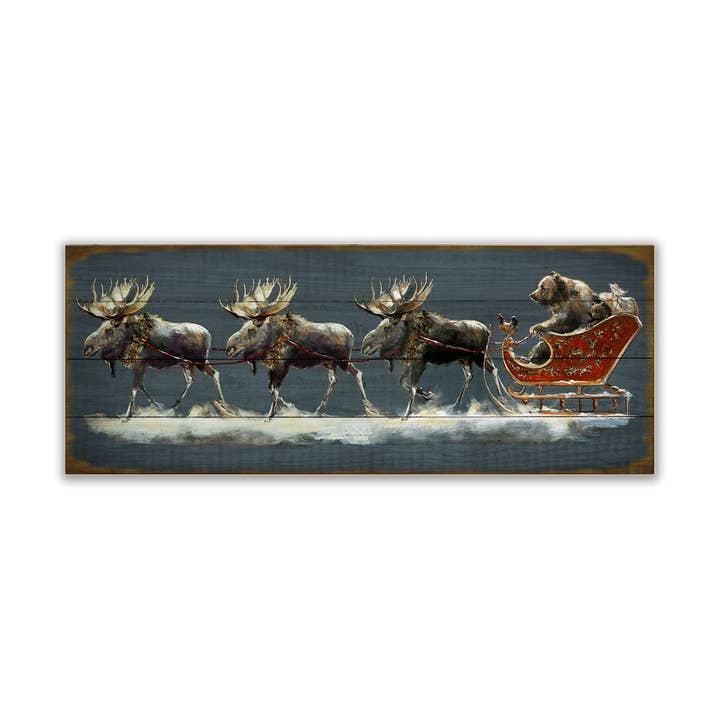 Santa Grizzly Sleigh with Moose: Generic - Wood & Metal Wall Art for wholesale by Old Wood Signs