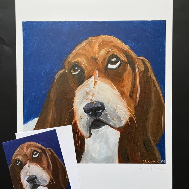 Dean on Bright Blue (Basset Hound) Note Card for wholesale by ZouZou's Basement