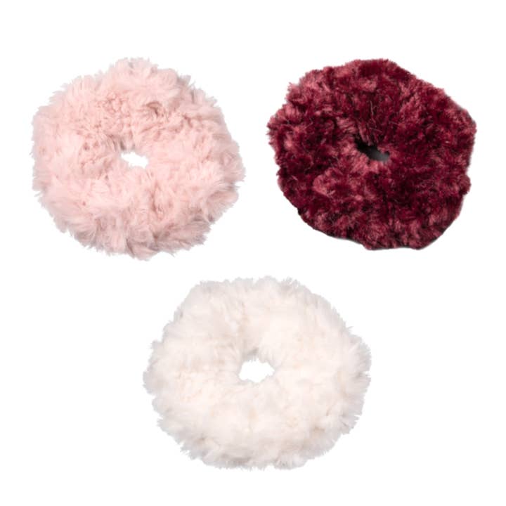 Crocheted Faux Fur Scrunchies for wholesale by Double Bug Stitchery