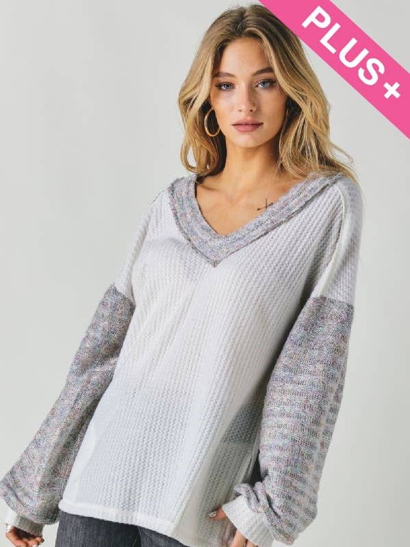 Davi & Dani - Wholesale Tunic - Women's - PLUS COLOR BLOCK V NECK LONG SLEEVE TOP0