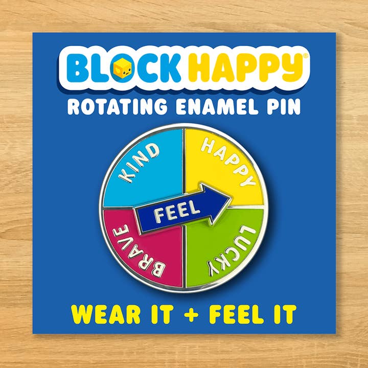 Block Happy "Feel it" Rotating Emotion Enamel Pin for wholesale by Idea Parlour