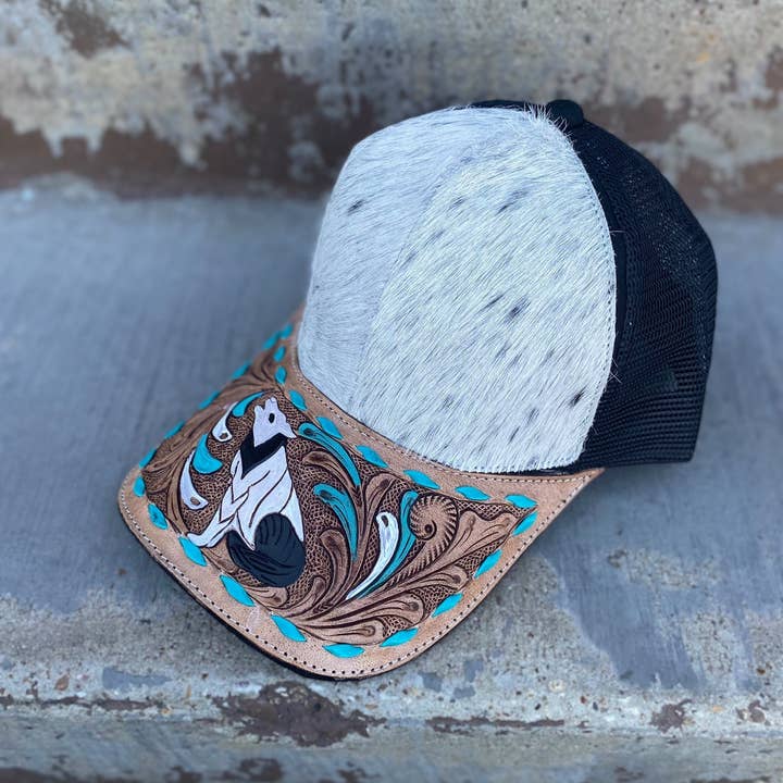 Western Linens - Wholesale Trucker Hat - Unisex - Cowhide Tooled Wolf Cap
