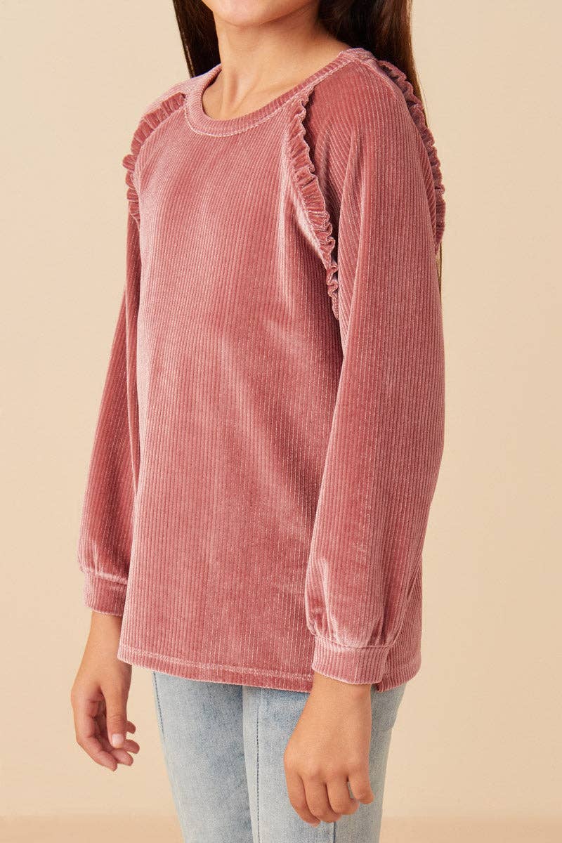 Mauve Haut côtelé à volants et couture raglan pour fille en vente sur Faire3