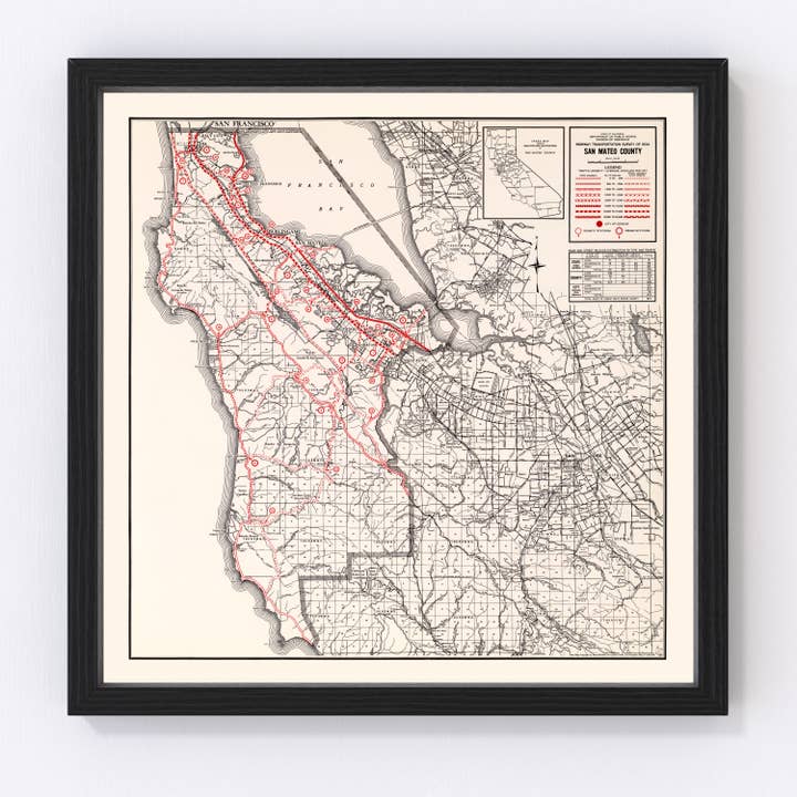 Vintage Map of San Mateo County, California 1935 for wholesale by Ted's Vintage Art