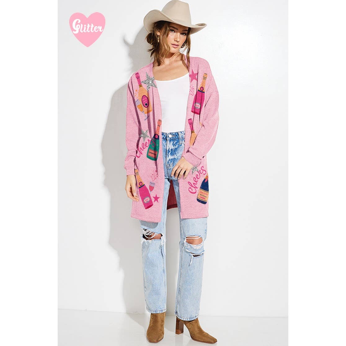 Phil Love - Wholesale Cardigan - Dames - Holiday Cheers Gebreid vest met glitterprint1