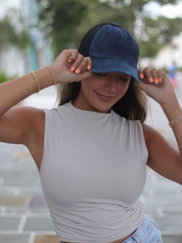High Ponytail Navy Hat with Black Mesh Size for wholesale by GRACE+EMMA by Southern Grace