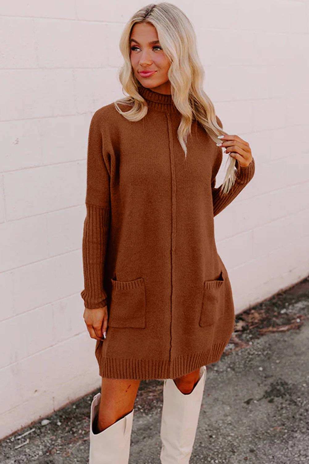 Lovesoft - Wholesale Dress - Women's - Chestnut Ribbed High Neck Front Pockets Center Seam Shift Sweater Dress4