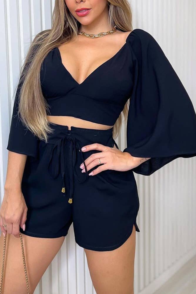 UNISHE - Vente Ensemble haut et short (PAS d'intérieur) - Femme - Ensemble de 2 hauts et shorts à manches 3/4 évasées ZZKF9536