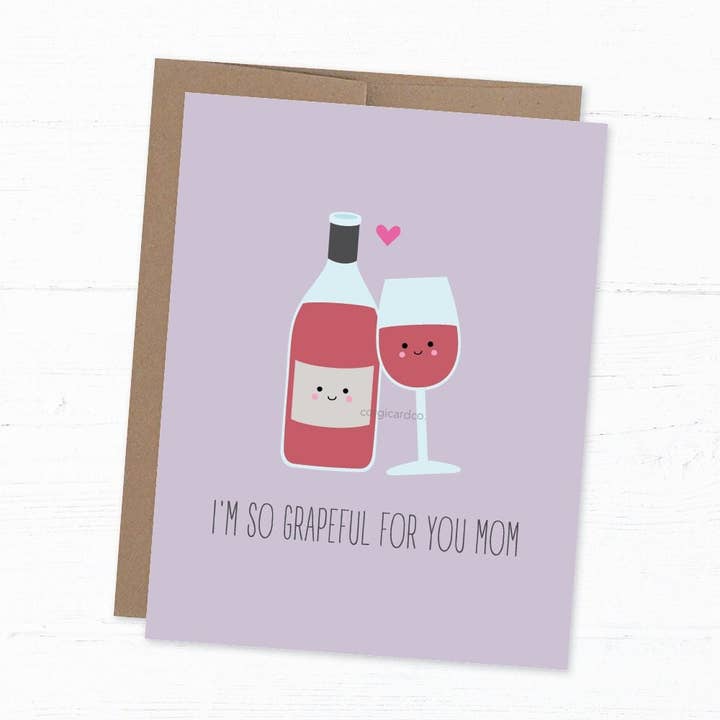 Funny Wine Mom Card, Grapeful Pun, Mothers Day Birthday Card for wholesale by corgicardco