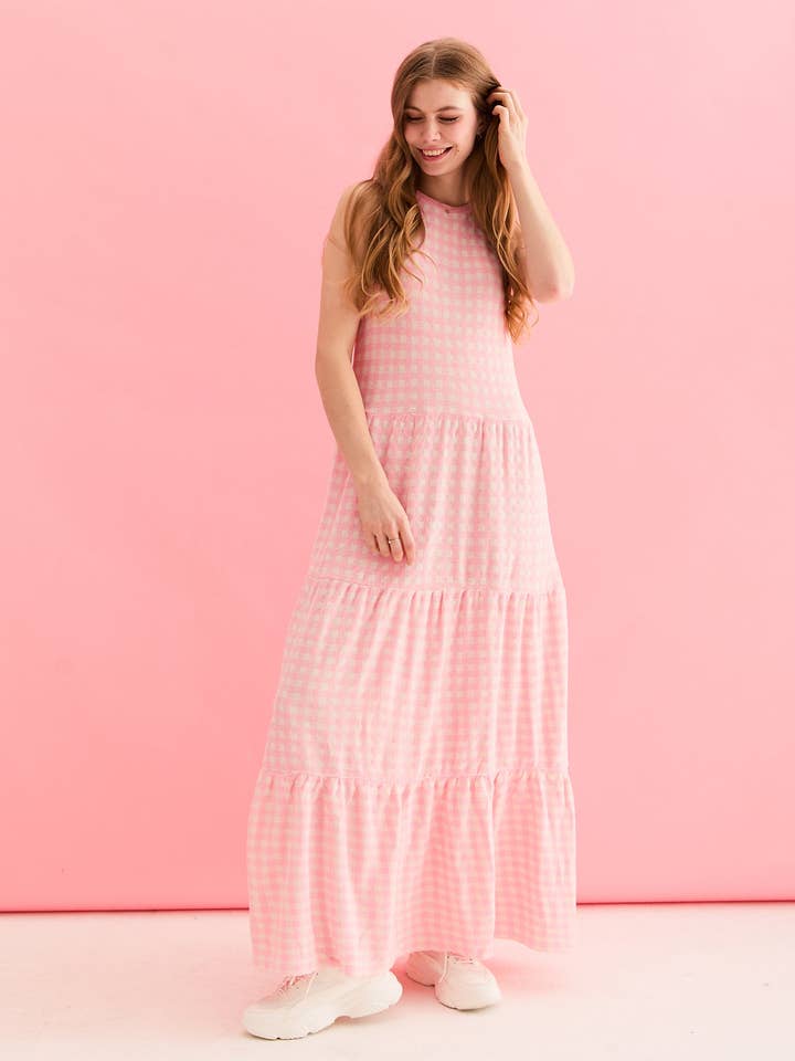 Paula Gingham Cotton Knitted Maxi Dress - Light Pink for wholesale by Cara & The Sky