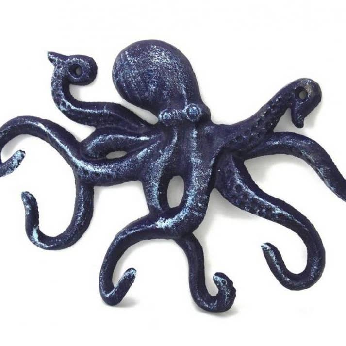 Hampton Nautical - Wholesale Wall Hook - Rustic Dark Blue Cast Iron Octopus Hook 11"1