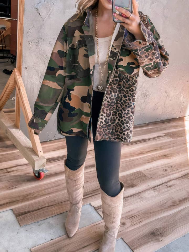 Brown Leopard Camo Patchwork Oversize Shacket for wholesale on Faire1