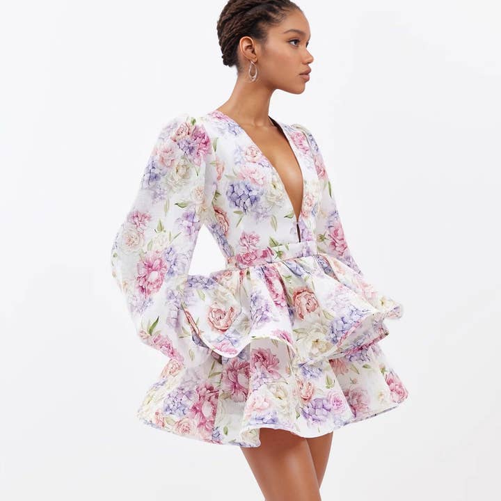 Productseeker - Wholesale Dress - Women's - DR438 V-Neck Lantern Sleeve Floral Print Short Dress11