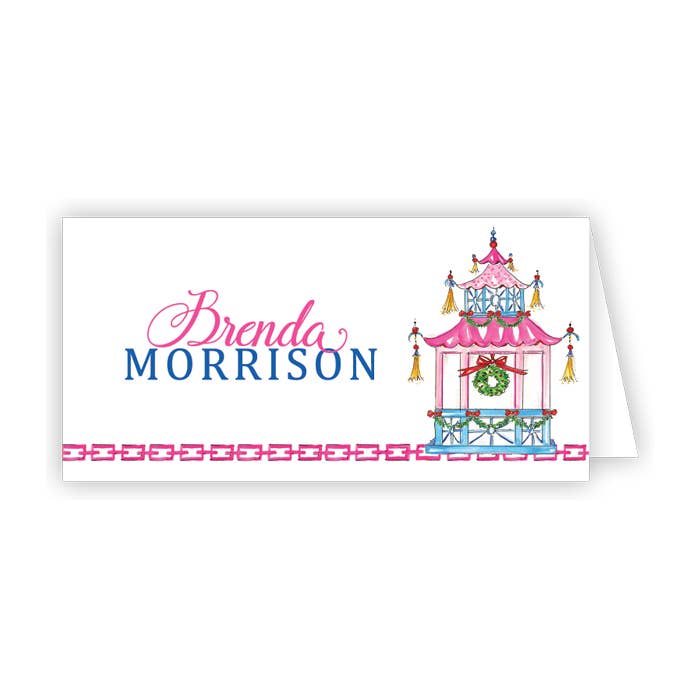 Biglietto segnaposta con pagoda rosa dipinta a mano per la vendita all'ingrosso da parte di RosanneBeck Collections