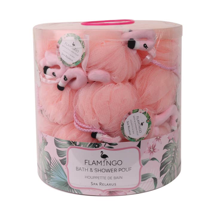 Flamingo Bath & Shower Pouf - Displayer Of 30 for wholesale by Relaxus Products