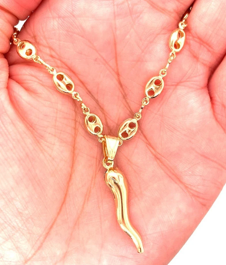 Mali Beads - Vendita all'ingrosso Collana con ciondolo/pendaglio - Collana in oro pieno con ciondolo corno cornicello italiano e catena a maglie soffiate7