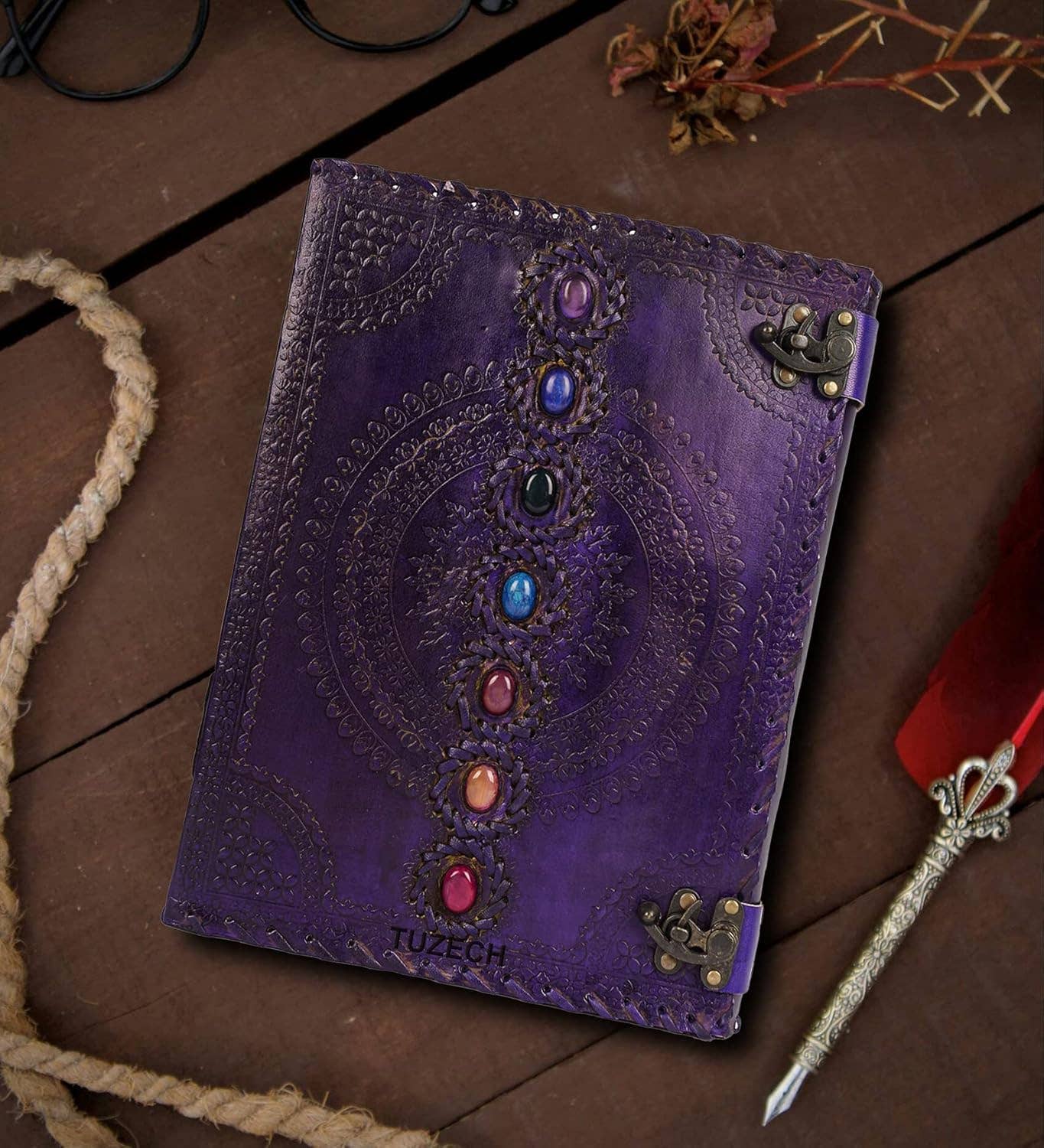 Tuzech Leather - Wholesale Journal/Diary - Tuzech Seven Chakra Medieval Stone Embossed Handmade Jumbo Leather Journal Book of Shadows Notebook Office Hocus Pocus Diary College Poetry Sketch With Leather Bound34