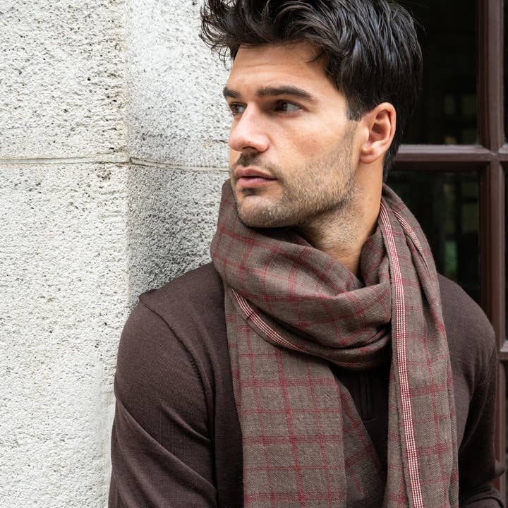 AV08 PARIS - Wholesale Scarf - Men's - ALTYN EMEL MEN'S SCARF — BROWN & RED CHECKS IN WOOL6
