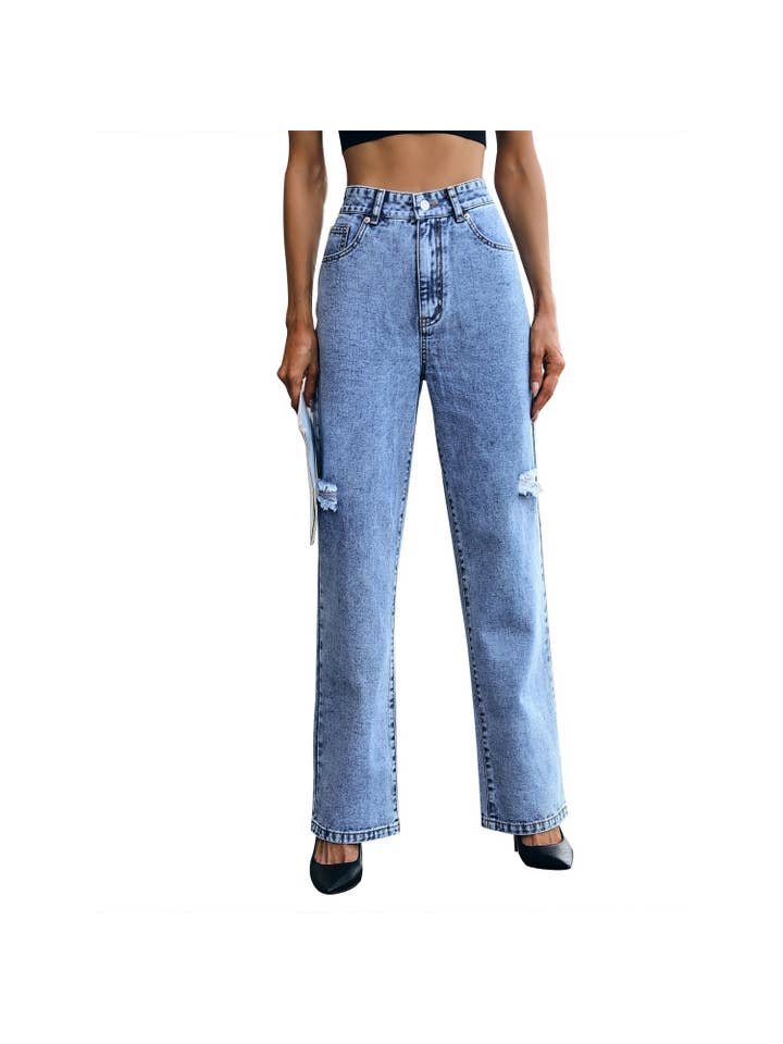 Azul Pantalones vaqueros rasgados de cintura alta, sueltos, adelgazantes y a la moda. de venta al por mayor en Faire