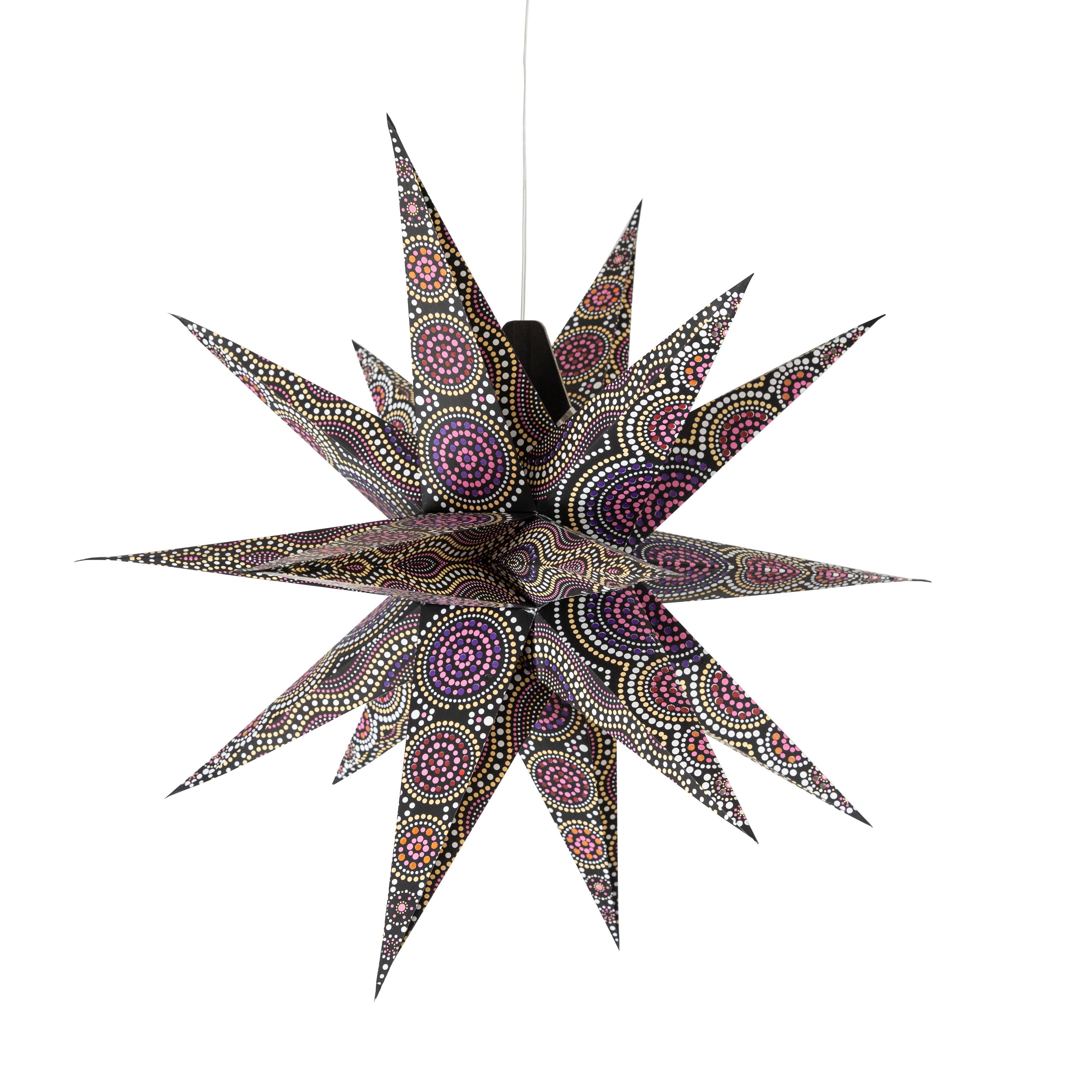Artschatz LLC – wholesale Paper lantern/lamp – Kaleidoscope Moravian Star 24" black with yellow / orange and orange / red / purple tissue6