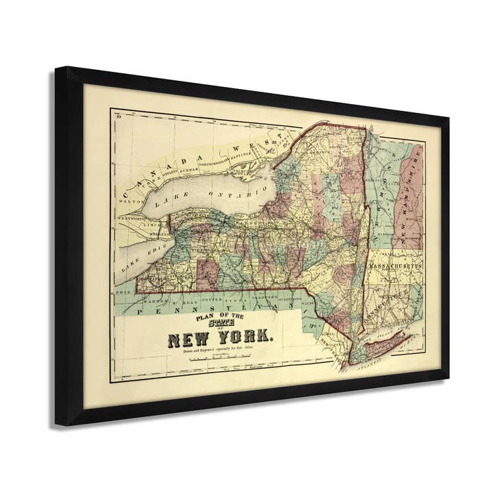1875 New York Map - Framed Vintage Map of New York - Old Map of NY - Historic New York Map Print - Plan of the Map of New York State Wall Art Poster for wholesale by Historic Prints