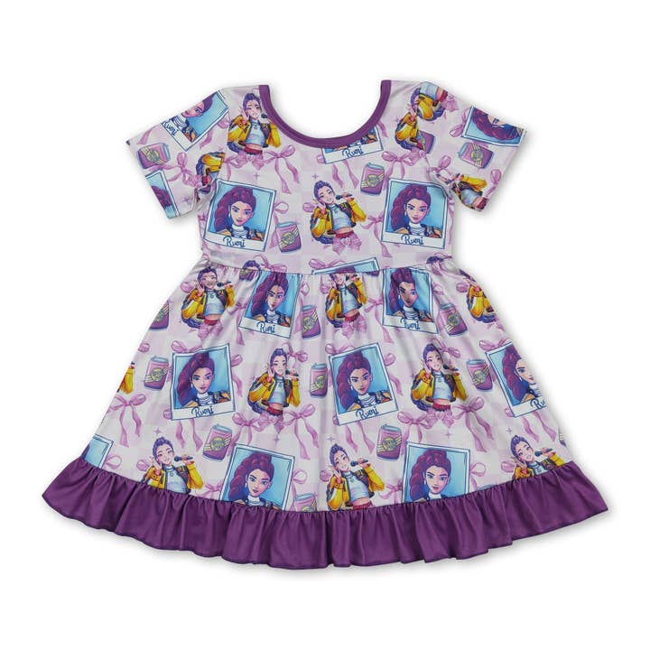 Short sleeves purple ruffle bow music girls dresses for wholesale by Yawoo Garments
