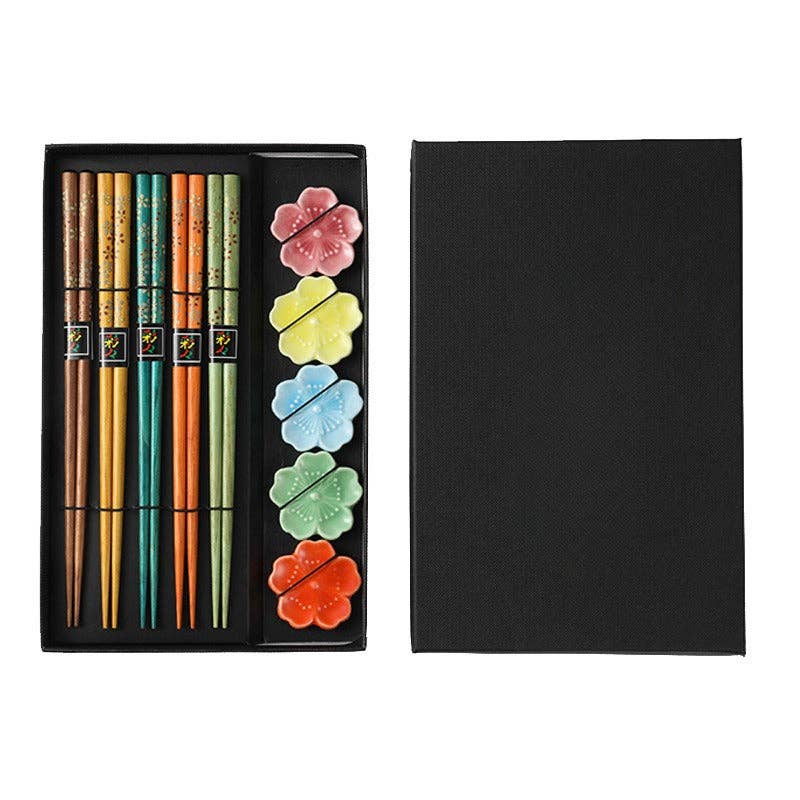 Gohobi （We cover U.S. import duties） - Wholesale Chopsticks - Gohobi A Set of 5 Pairs of Japanese Golden Flowers Wooden Chopsticks and Rests5