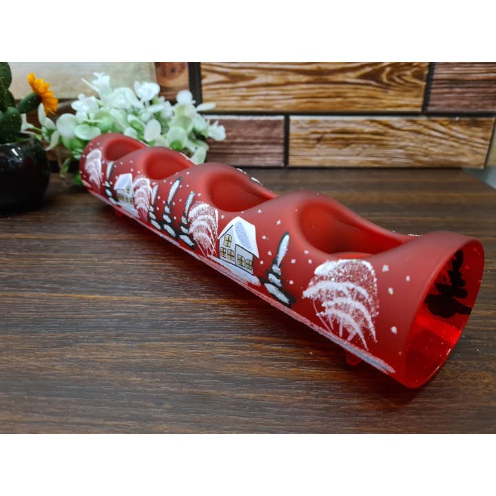 Glass by Iness - Wholesale Candle Holder - Red Glass Candle Holder, Centerpiece Style, Quadruple Holder