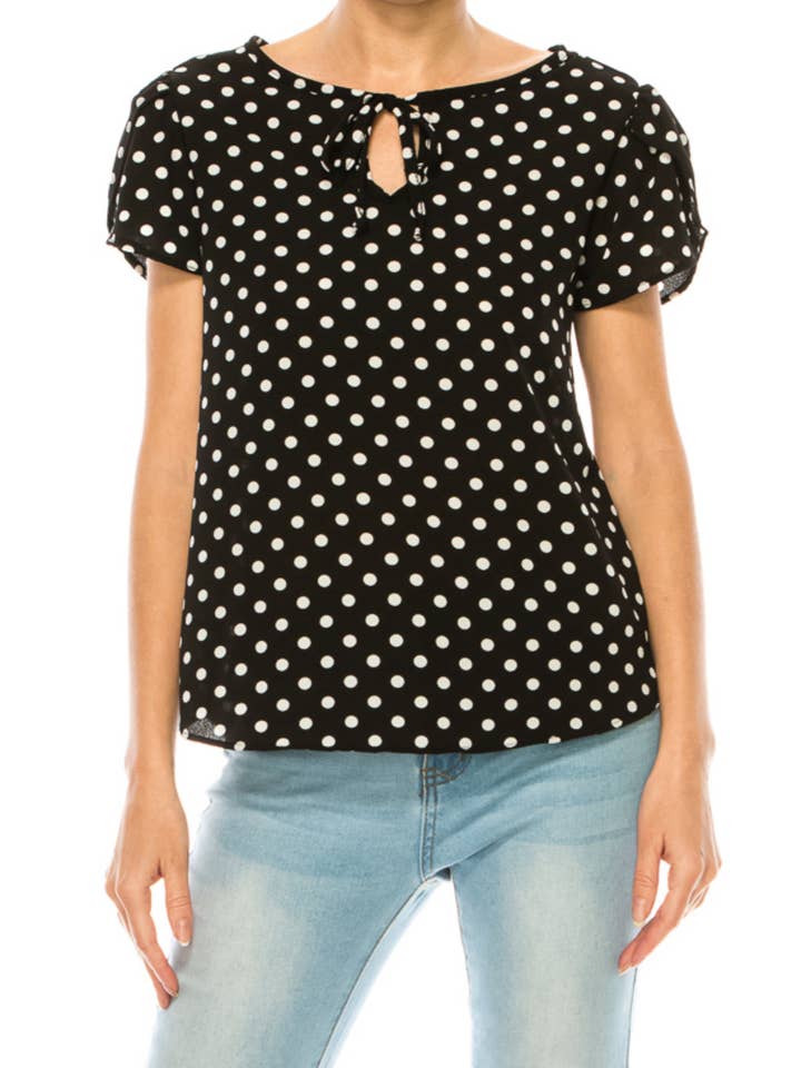 Women's Polka Dot Overlapping Short Sleeve Ribbon Accent Top for wholesale by MOA COLLECTION