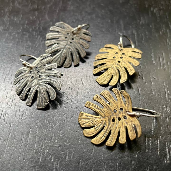 TINY VERSION (VERY LIGHTWEIGHT!) MONSTERA LEAVES EARRINGS - for wholesale by Jennifer Kahn Jewelry