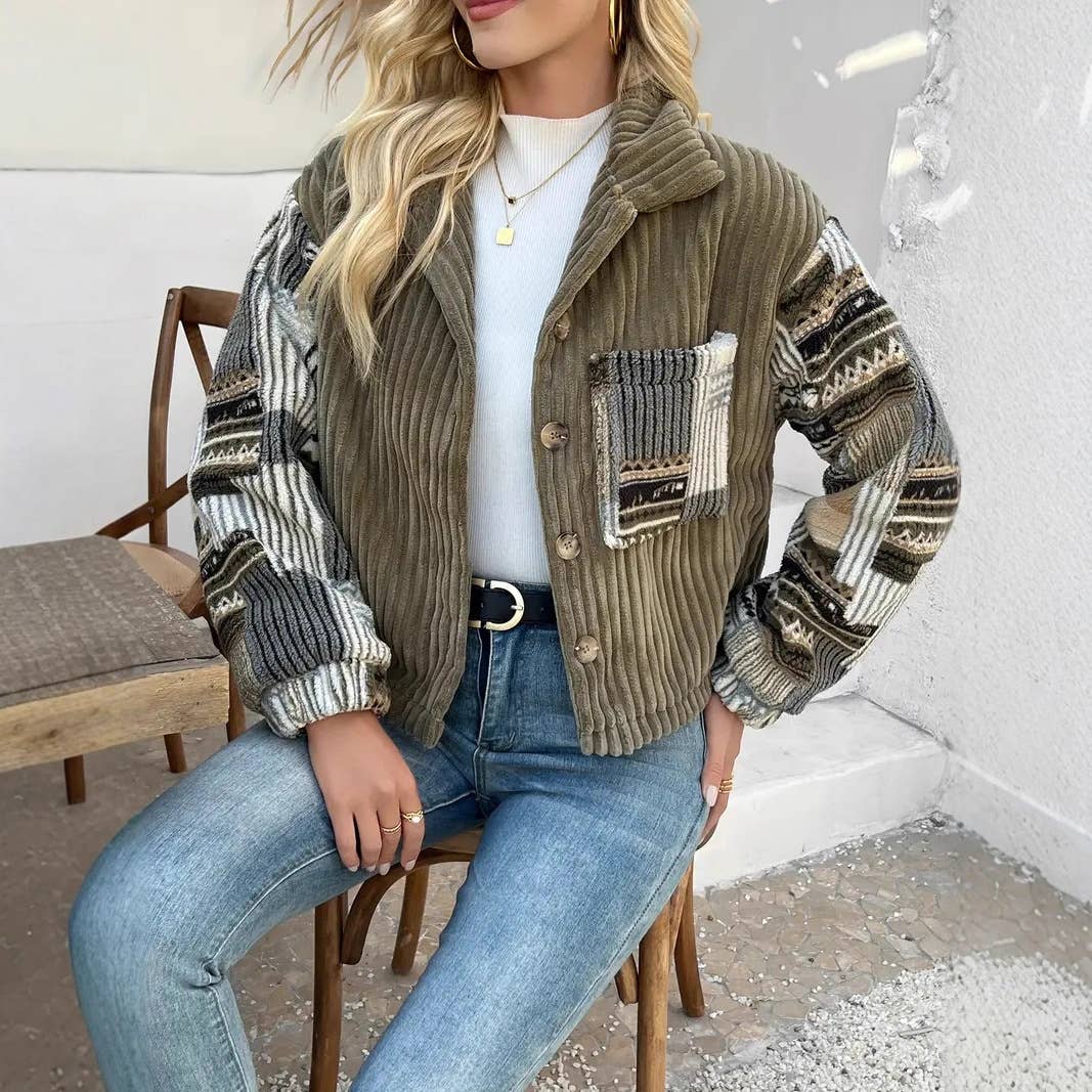 Olive Western Aztec patchwork fleece button-up jacket for wholesale on Faire6