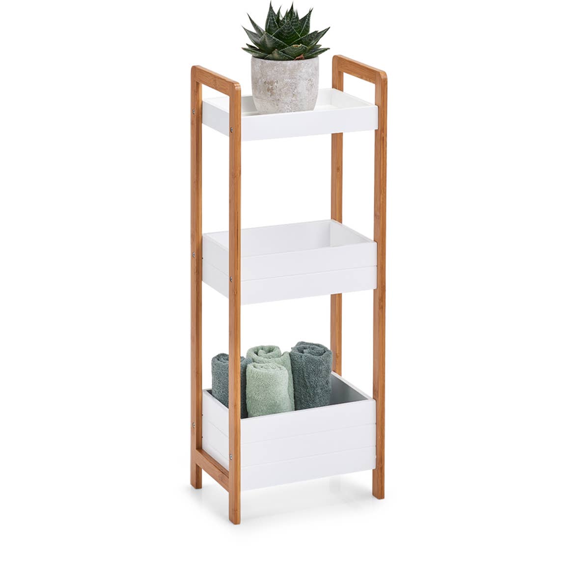 Standing shelf M. 3 storage compartments, bamboo/MDF, white for wholesale on Faire1