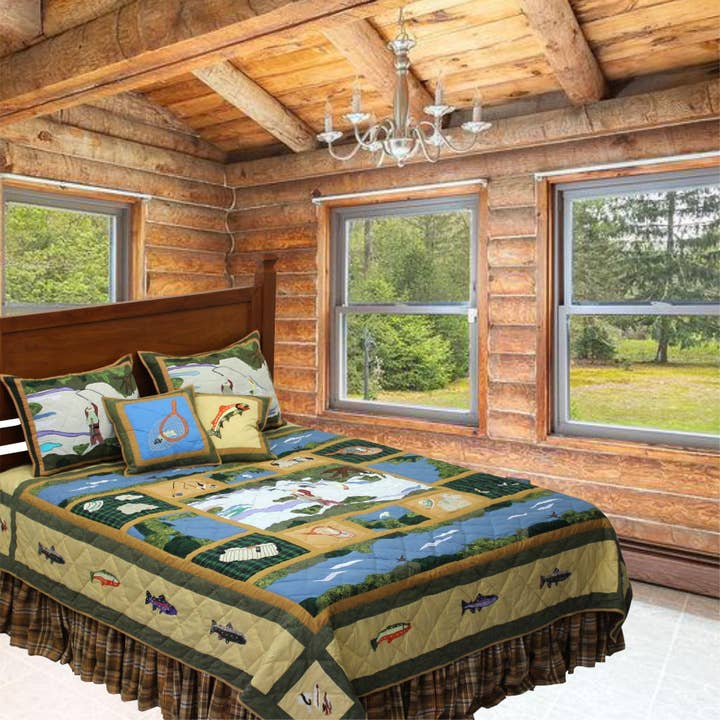 Rock Creek Fishing Quilt, Embroidered Cotton Quilts. for wholesale by Patch Magic