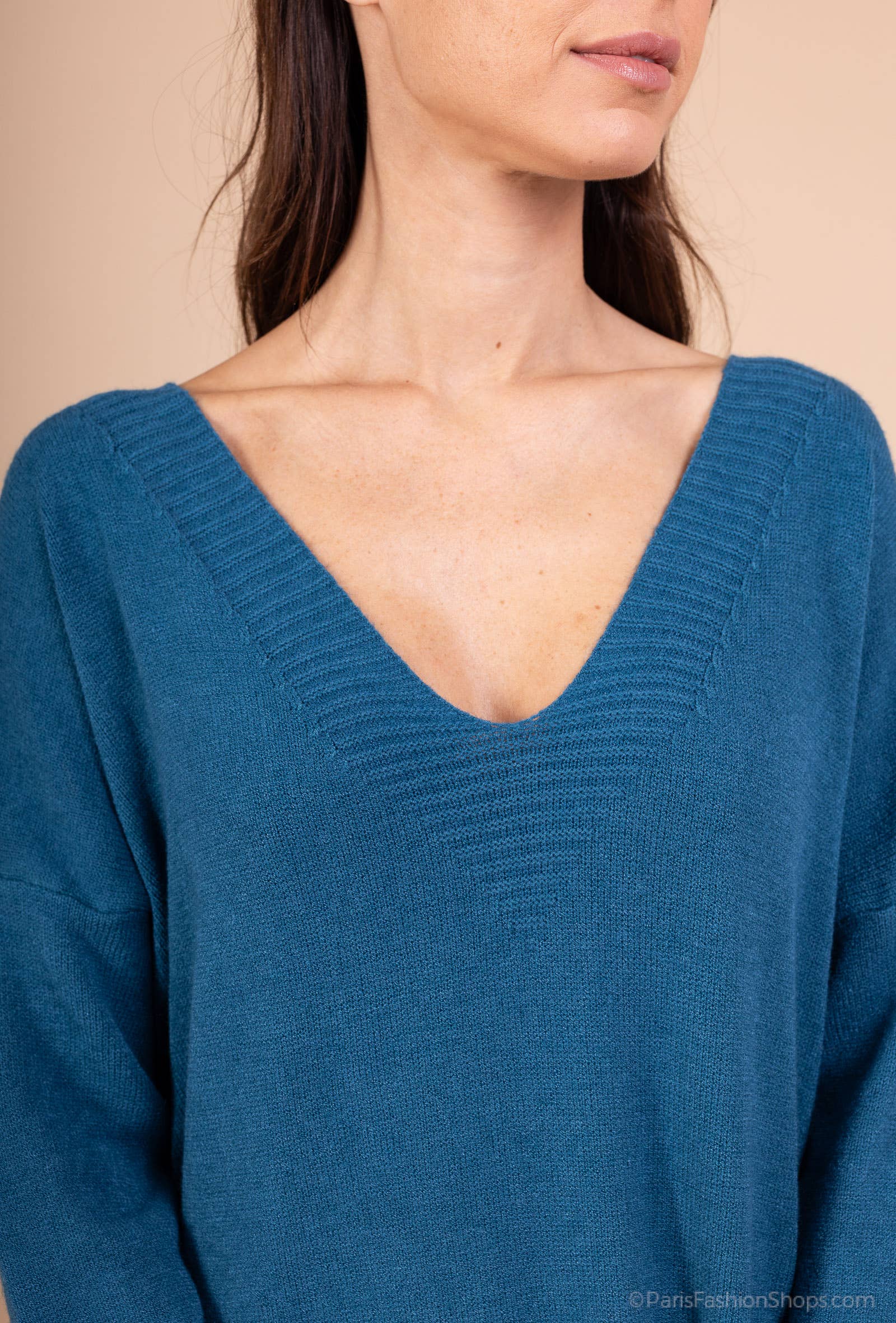 L'Emotion - Vente Robe – femme - Robe Pull Maille Fine Bord-Côtes Côtelé Col V13