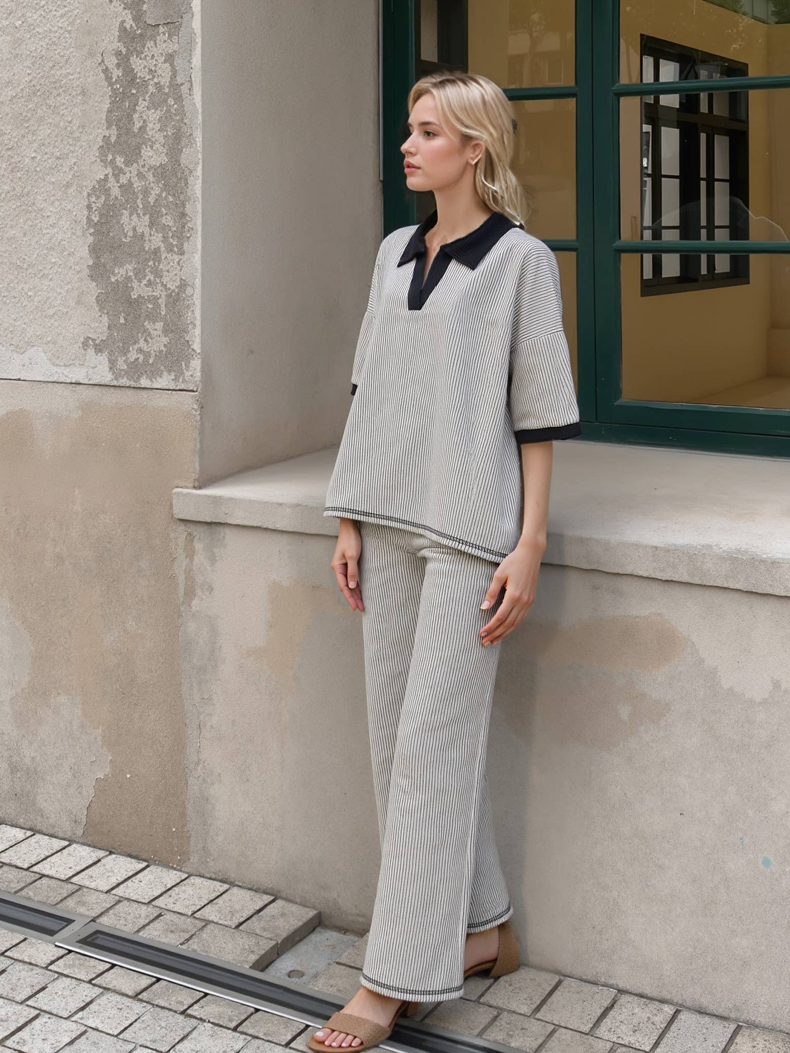 Burgundy Apparel - Wholesale Lounge Set - Women's - Relaxed Fit Striped Two-Piece Set with Black Trim1