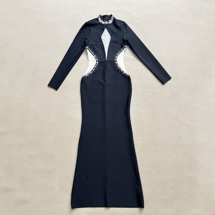 DR325 Elegant Rhinestone Black Bandage Maxi Gown for wholesale on Faire