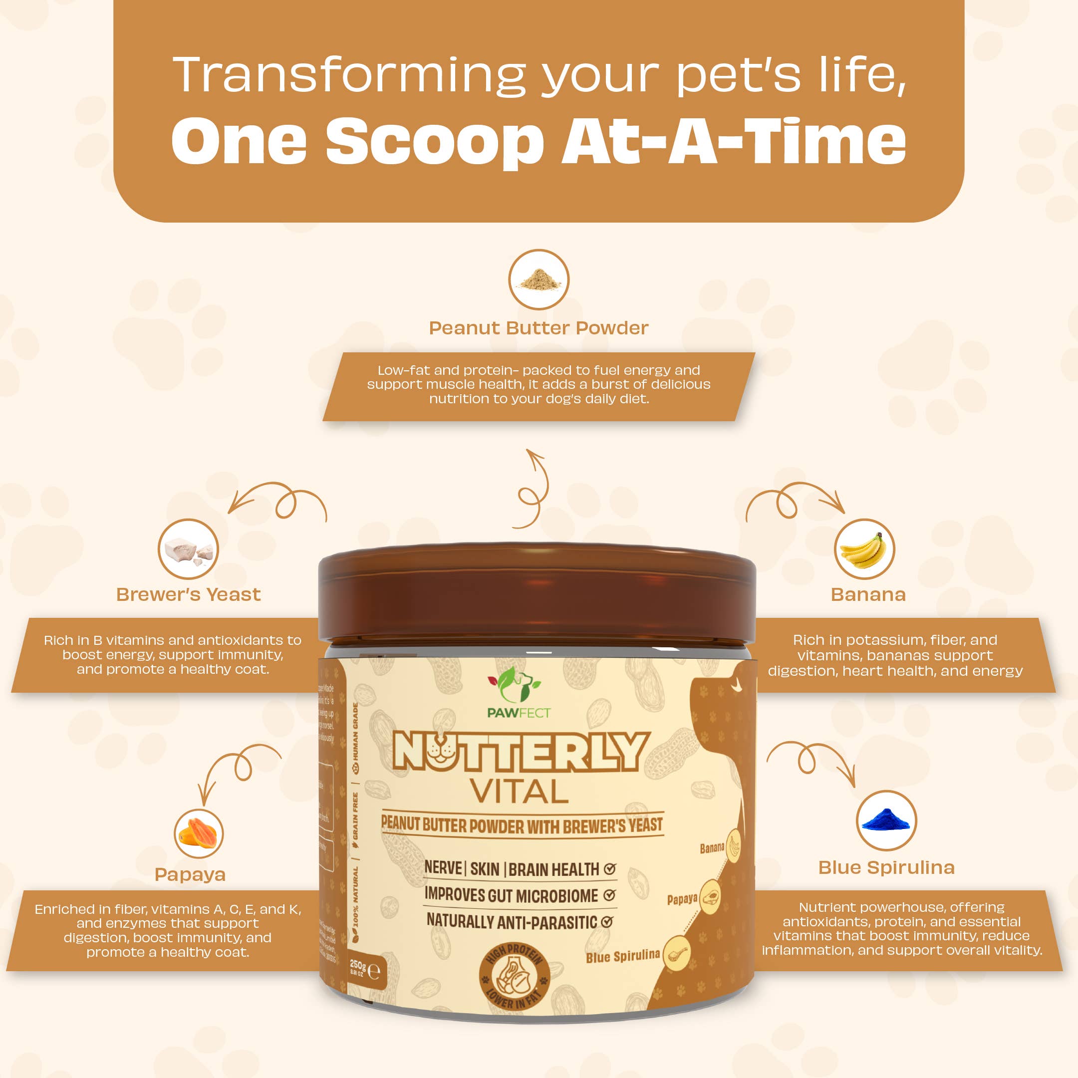 Pawfect Foods – wholesale Pet supplement – Dog – Pawfect Nutterly Vital Peanut Butter Powder | Daily Topper for Dogs | All Natural | Brewer's Yeast & Blue Spirulina | Improves Nerve, Skin, Brain Health & Gut Microbiome | Anti Parasitic (250g/8.82oz)2