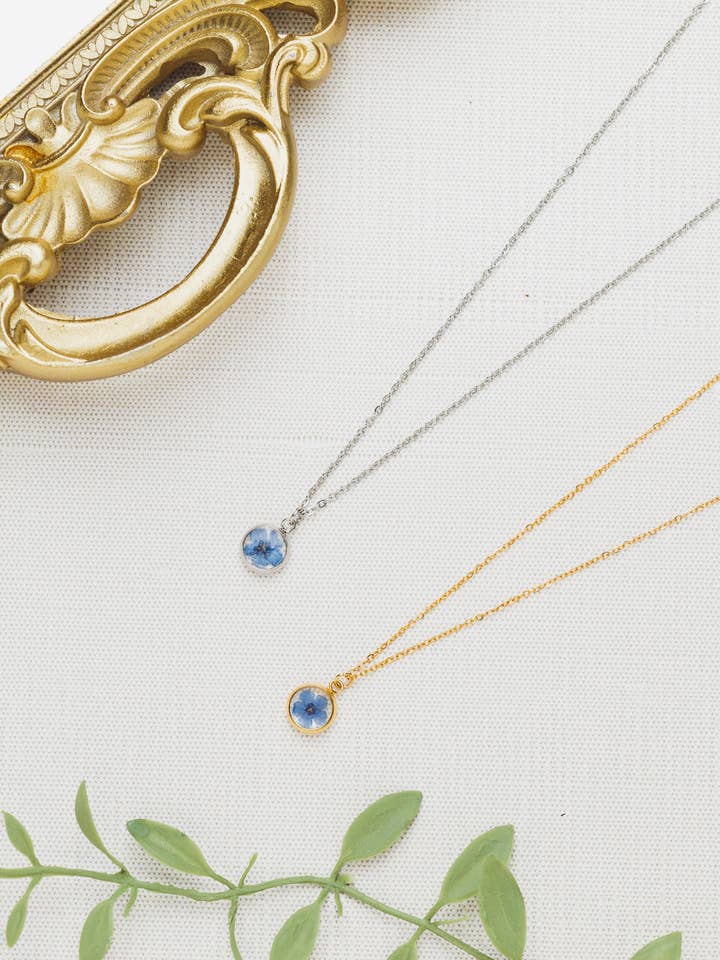 Pressed Forgetmenot Necklace for wholesale by Indigo & Lily Co.