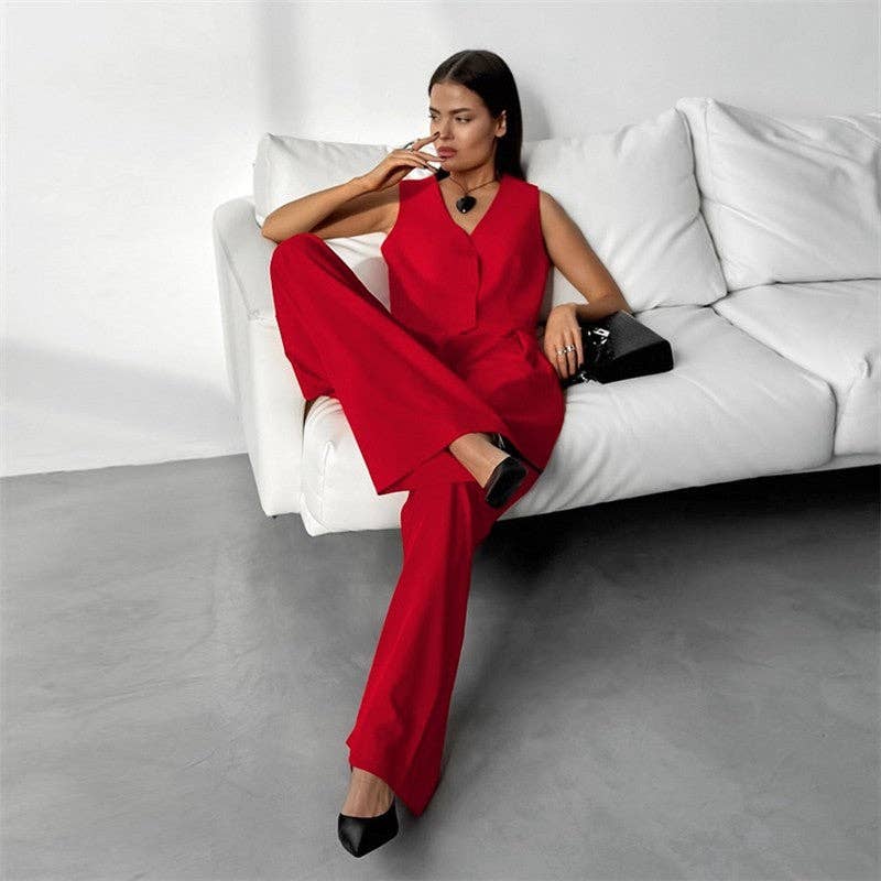 Sheer Trend - Wholesale Set met top en broek (GEEN Loungewear) - Dames - Effen Kleur Mouwloos Vest Wijde Broek Set3