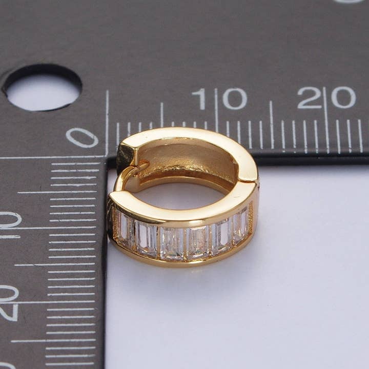 Aim Eternal - Wholesale Huggie Earrings - 24K Gold Filled Clear Baguette Cubic Zirconia Simple Minimalist Small Hoops Gold Huggies Earrings Q-149 AD-4813