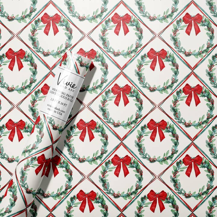 Rouleau de papier d'emballage de guirlande de Noël Red Bow  pour la vente par Vivie and Ash